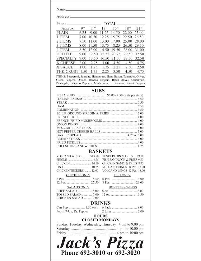 Jack's Pizza Menu image 1